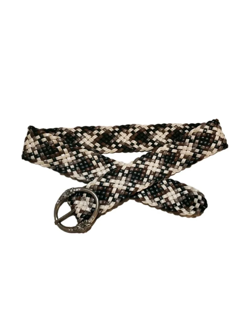 Relic Belt Braided Woven Neutral Colors Silver Floral Buckle 34